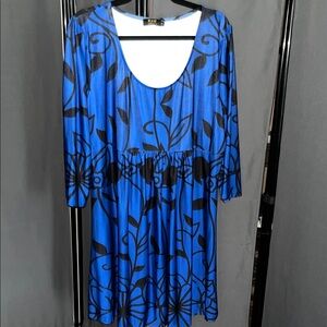 Elegant Blue Long Sleeve Dress with Black Leaf Pattern